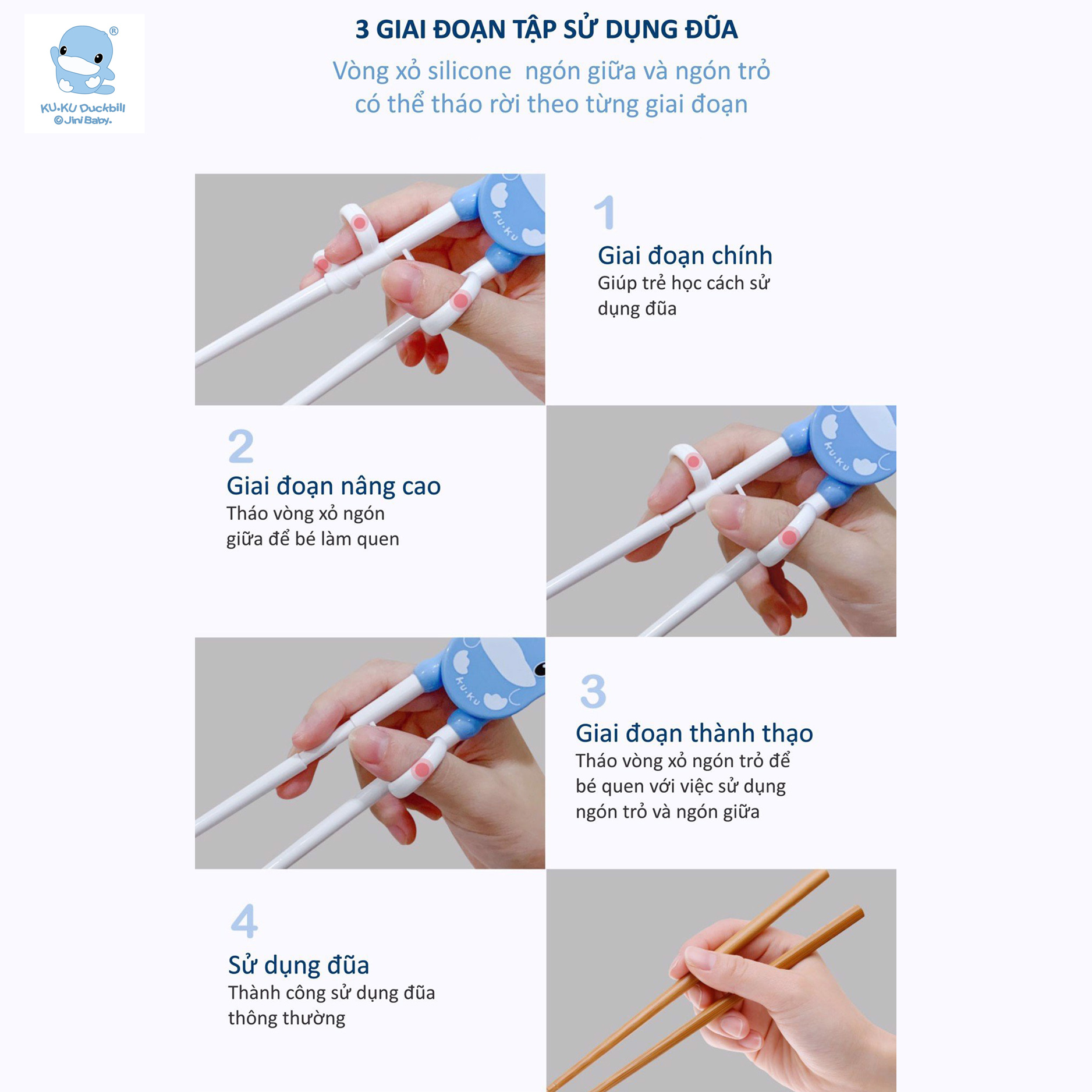 Bộ đũa KUKU cho bé từ 2 tuổi tập ăn dặm bằng nhựa cứng