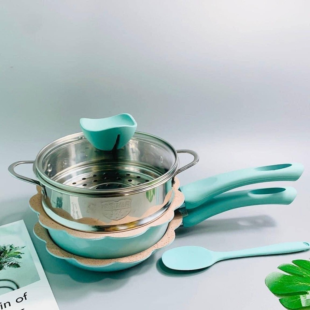 Bộ nồi, chảo đá hoa kèm xửng hấp Okby