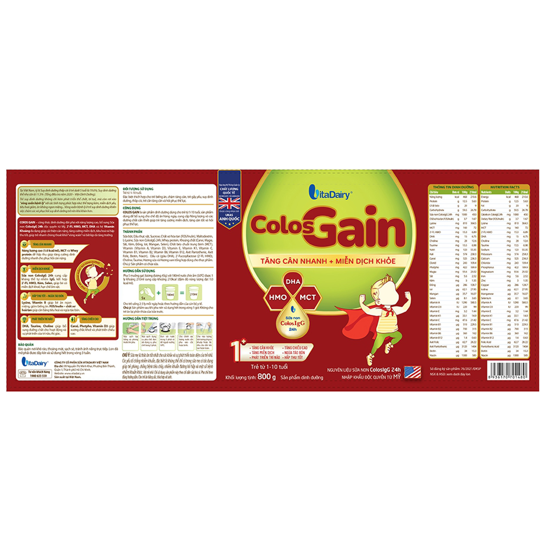 Sữa Colos Gain 1+ (1 - 10 tuổi) - 800g