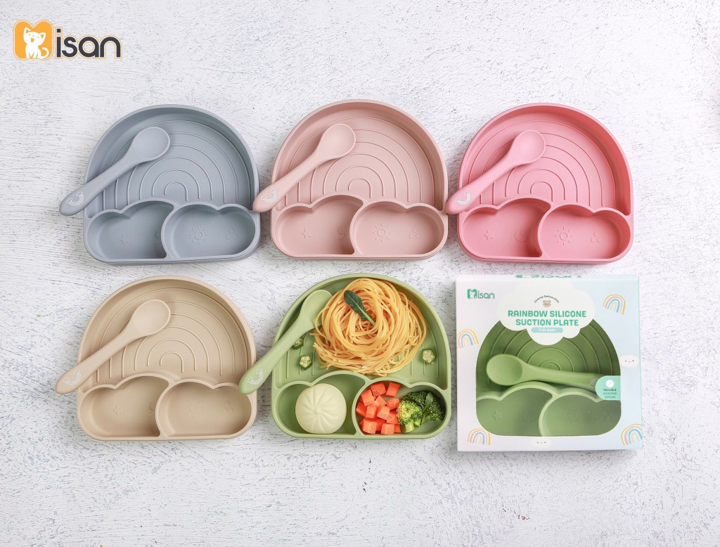 Khay silicone 3 ngăn hình mây Misan có đế hít kèm thìa