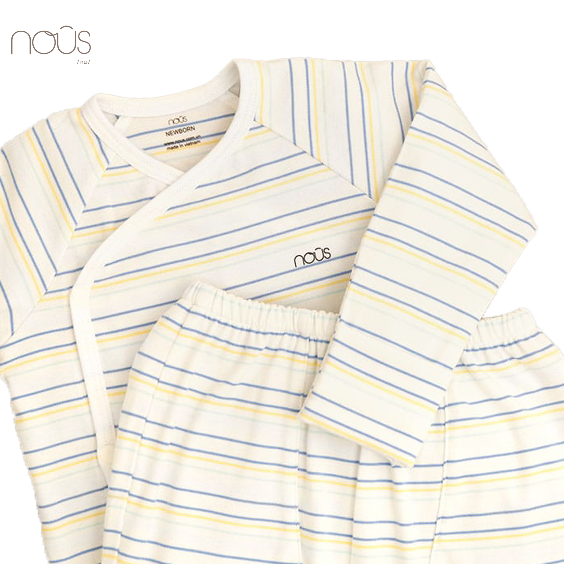 Bộ cài lệch kẻ trắng xanh vàng size Newborn (dành cho bé sơ sinh dưới 3.8Kg)