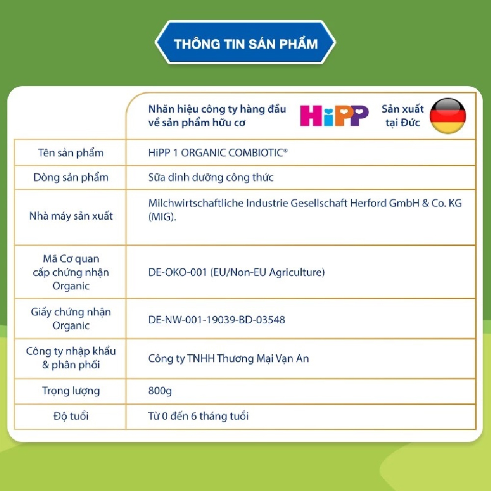 Sữa HiPP Organic Combiotic số 1 (0-6 tháng tuổi)