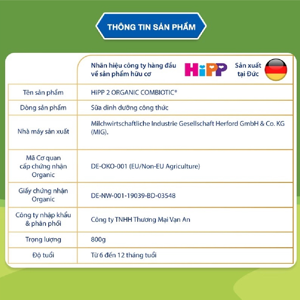 Sữa HiPP Organic Combiotic số 2 800g (6-12 tháng tuổi)