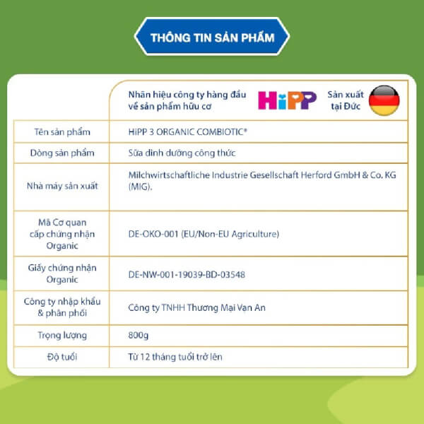 Sữa HiPP Organic Combiotic số 3 800g (1-3 tuổi)