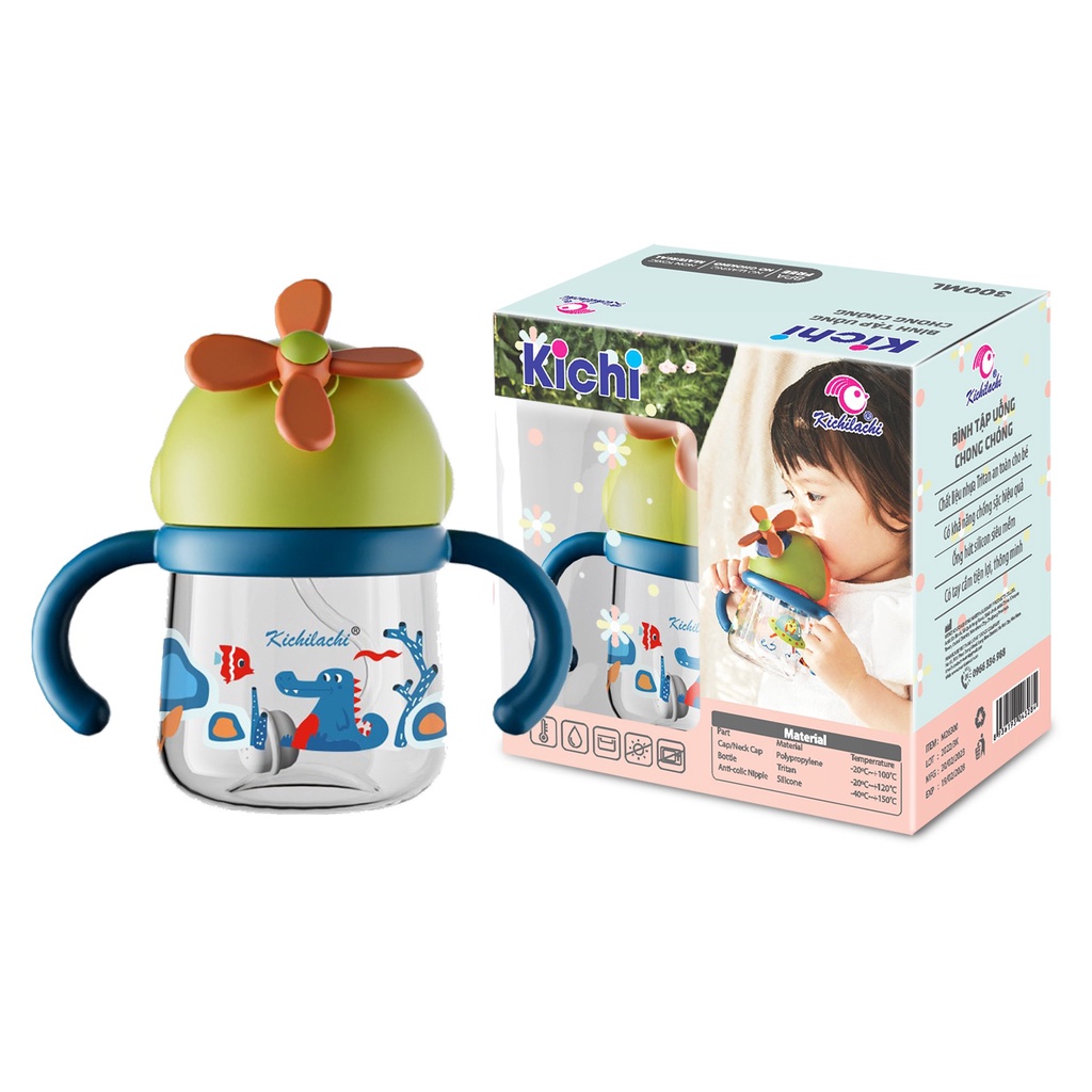 Bình tập uống nước nhựa Tritan Kichilachi chong chóng 300ml chống sặc cho bé từ 6 tháng