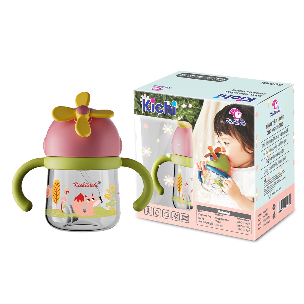 Bình tập uống nước nhựa Tritan Kichilachi chong chóng 300ml chống sặc cho bé từ 6 tháng
