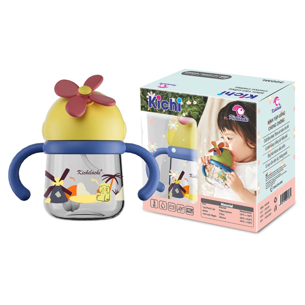Bình tập uống nước nhựa Tritan Kichilachi chong chóng 300ml chống sặc cho bé từ 6 tháng