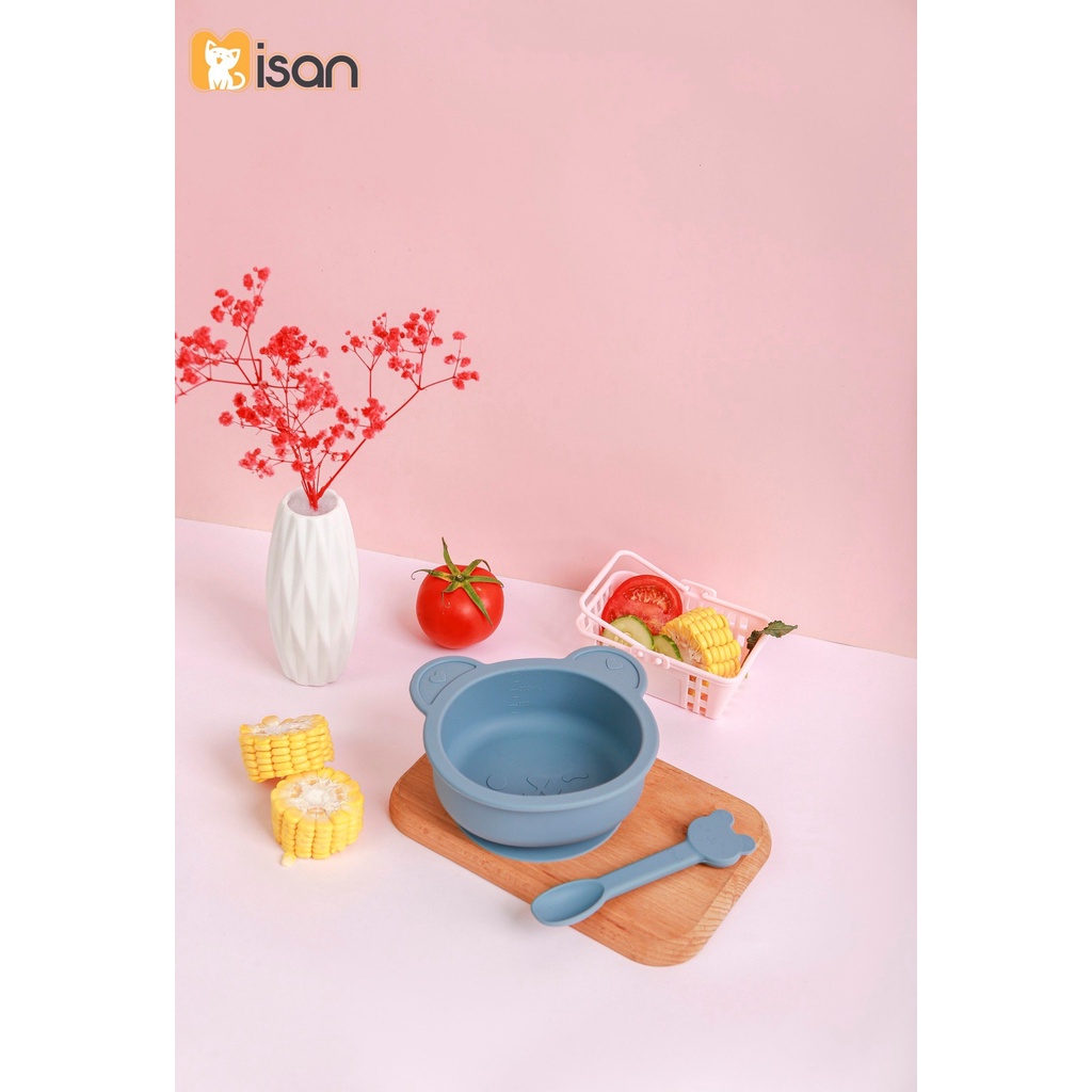 Bát siicone hình gấu Misan có đế hít kèm thìa