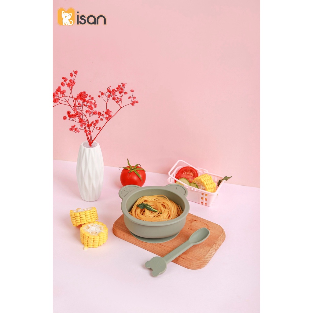 Bát siicone hình gấu Misan có đế hít kèm thìa