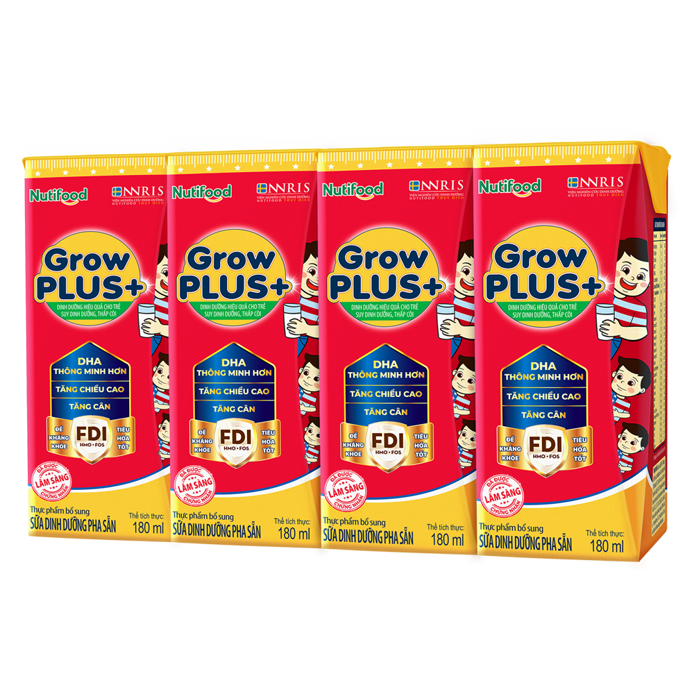 Lốc 4 hộp sữa pha sẵn Nutifood GrowPLUS+ đỏ cho trẻ suy dinh dưỡng, thấp còi (từ 1 tuổi)