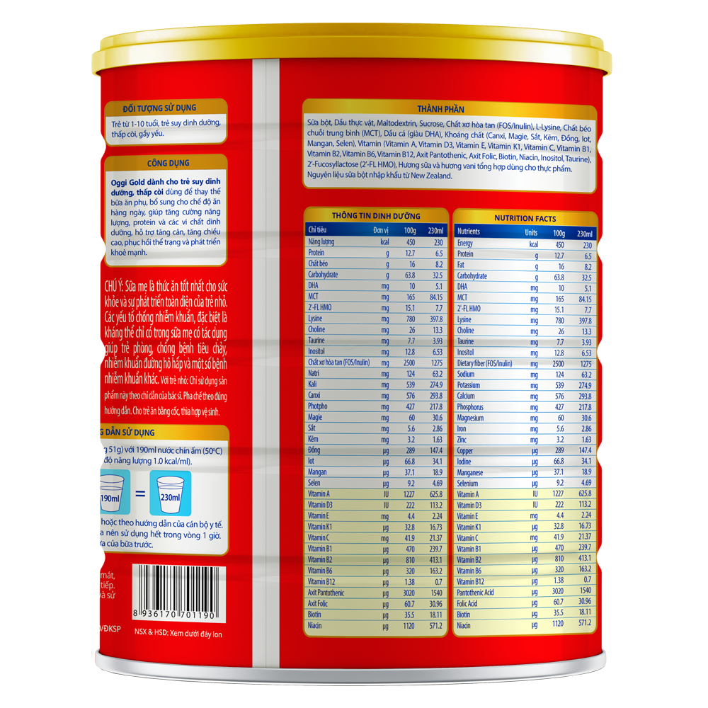 Sữa bột Oggi Gold, dành cho trẻ thấp còi, suy dinh dưỡng - 900g (Từ 1-10 tuổi)