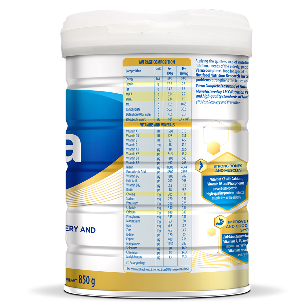 Sữa bột dinh dưỡng Nutifood Varna Complete SI, giúp phòng ngừa và phục hồi sức khỏe nhanh, ngừa loãng xương - 850g