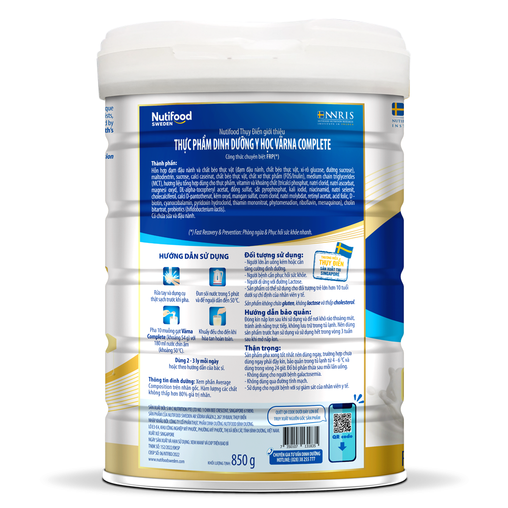 Sữa bột dinh dưỡng Nutifood Varna Complete SI, giúp phòng ngừa và phục hồi sức khỏe nhanh, ngừa loãng xương - 850g