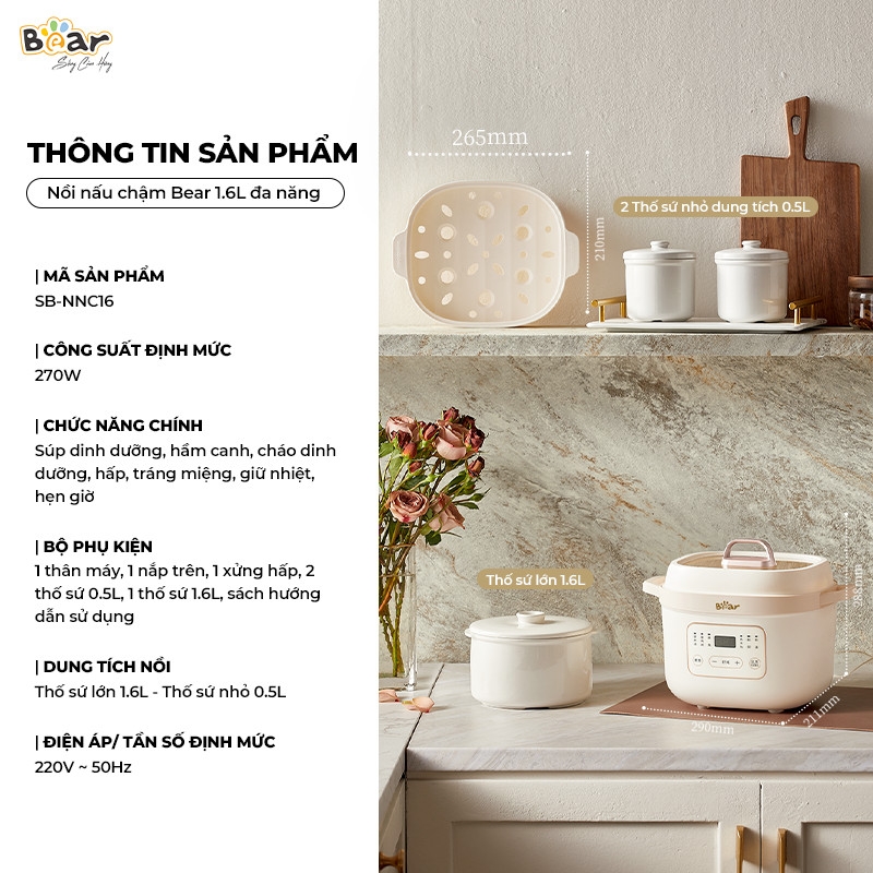 Nồi nấu chậm Bear 1.6L- Bản Tiếng việt- Bảo hành 18 tháng (SB-NNC16)