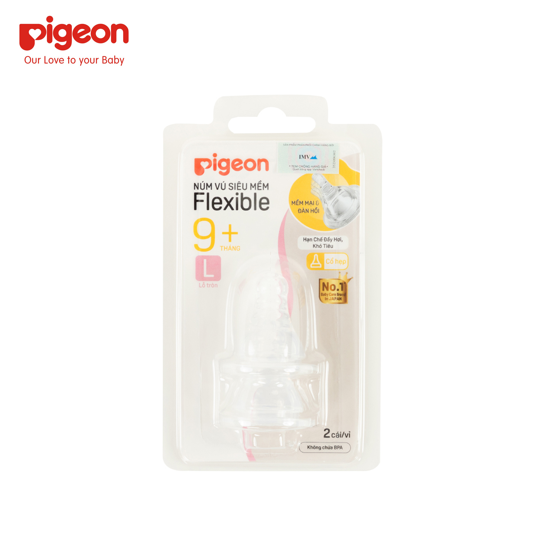Vỉ 2 núm ty thay bình sữa Pigeon cổ hẹp siêu mềm 9M+ size L, lỗ tròn