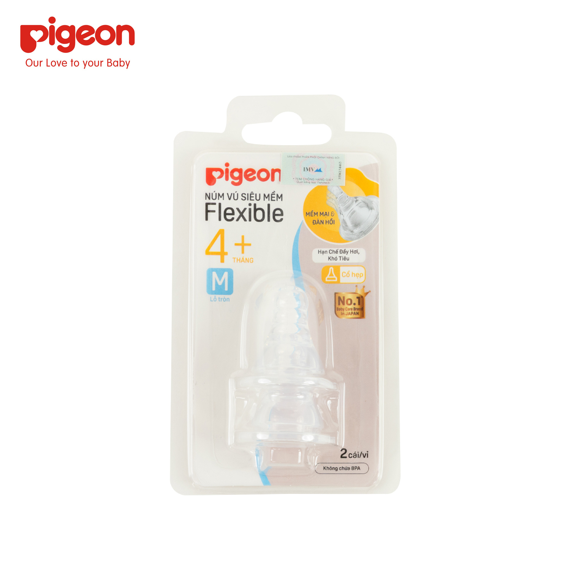Vỉ 2 núm ty thay bình sữa Pigeon cổ hẹp siêu mềm 4M+ size M, lỗ tròn