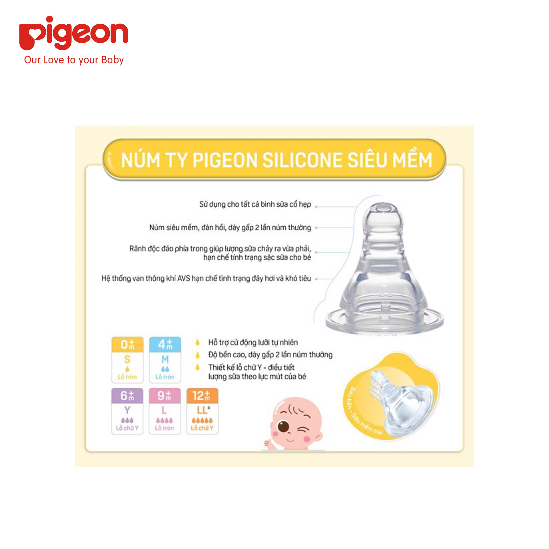 Vỉ 2 núm ty thay bình sữa Pigeon cổ hẹp siêu mềm 9M+ size L, lỗ tròn