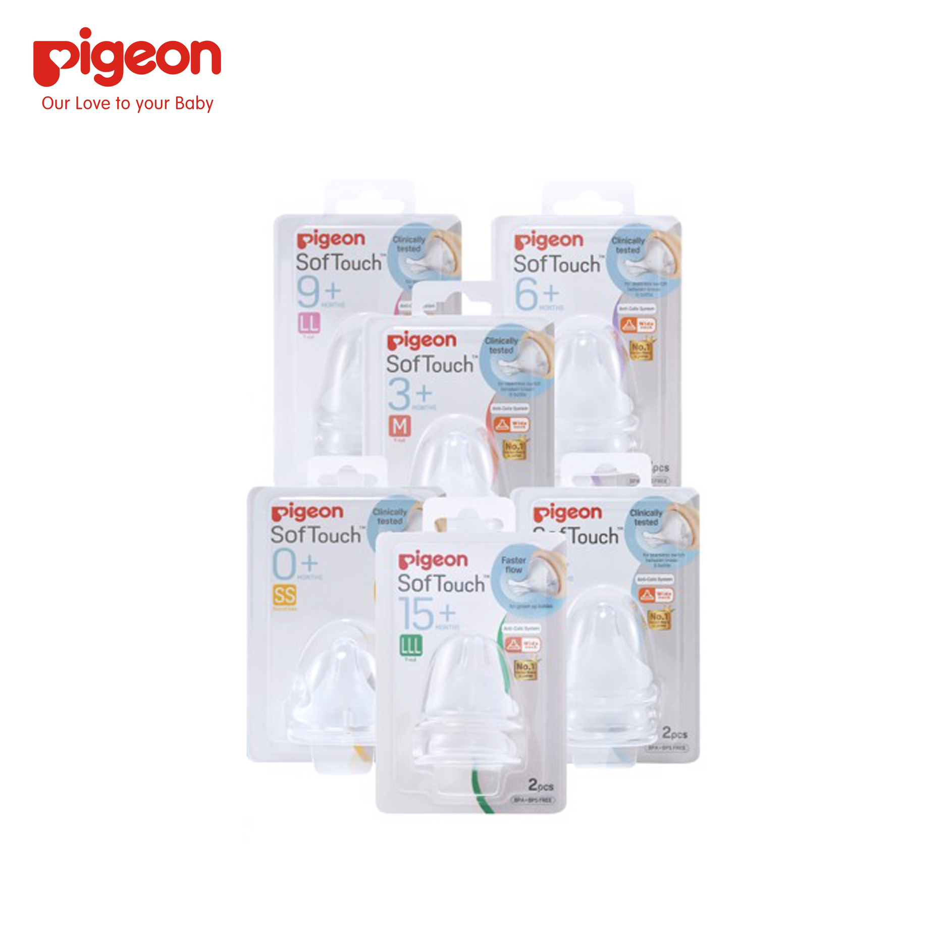 Vỉ 2 núm ty thay bình sữa Pigeon SofTouch cổ rộng siêu mềm size LL 9M+, lỗ chữ Y