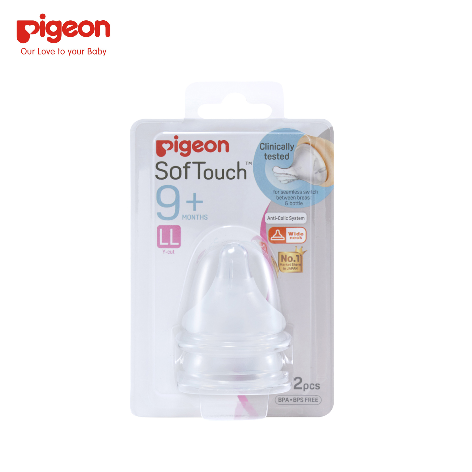 Vỉ 2 núm ty thay bình sữa Pigeon SofTouch cổ rộng siêu mềm size LL 9M+, lỗ chữ Y