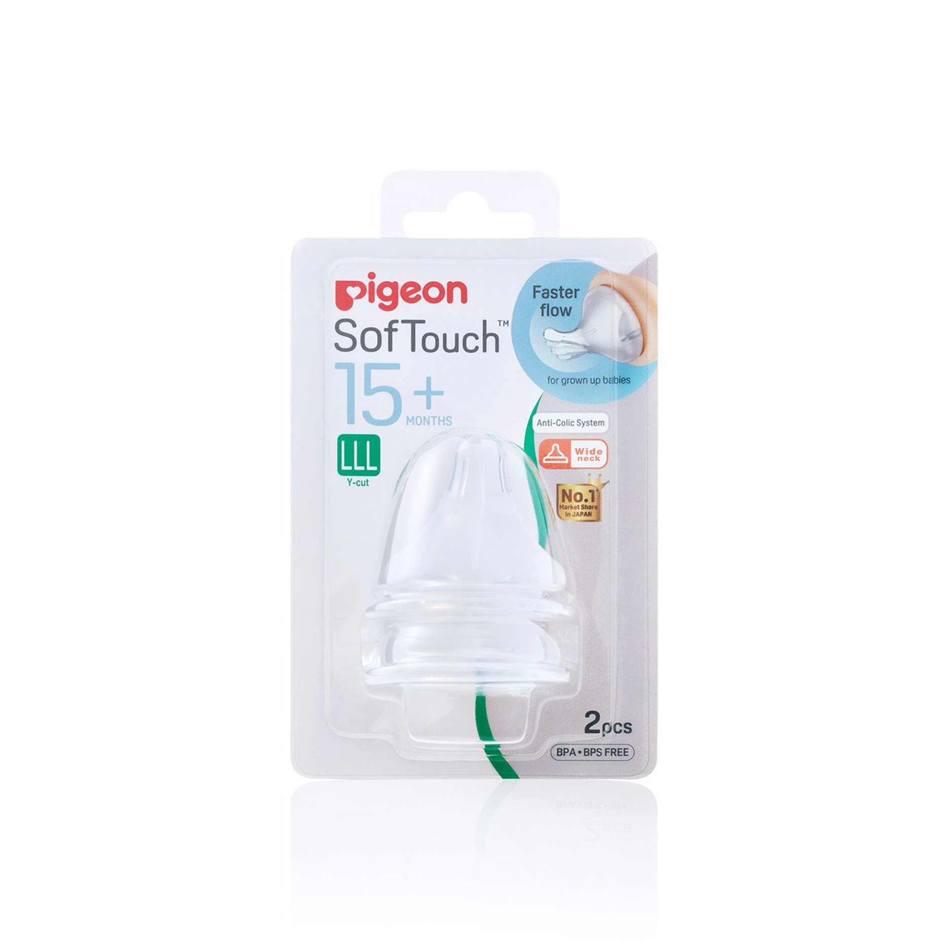 Vỉ 2 núm ty thay bình sữa Pigeon SofTouch cổ rộng siêu mềm size LLL 15M+, lỗ chữ Y
