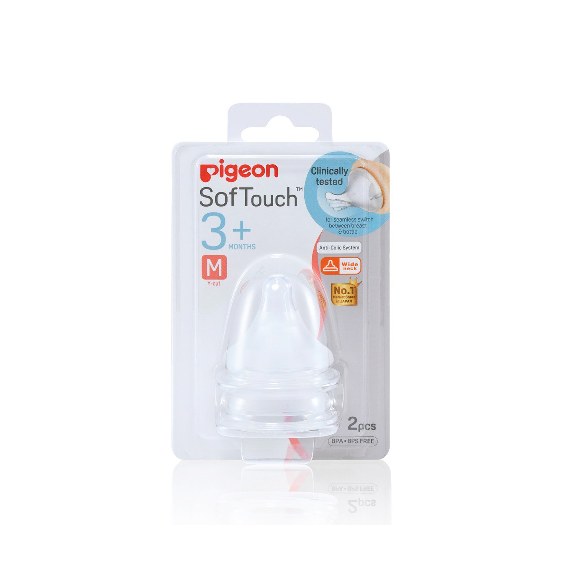 Vỉ 2 núm ty thay bình sữa Pigeon SofTouch cổ rộng siêu mềm size M 3M+, lỗ chữ Y