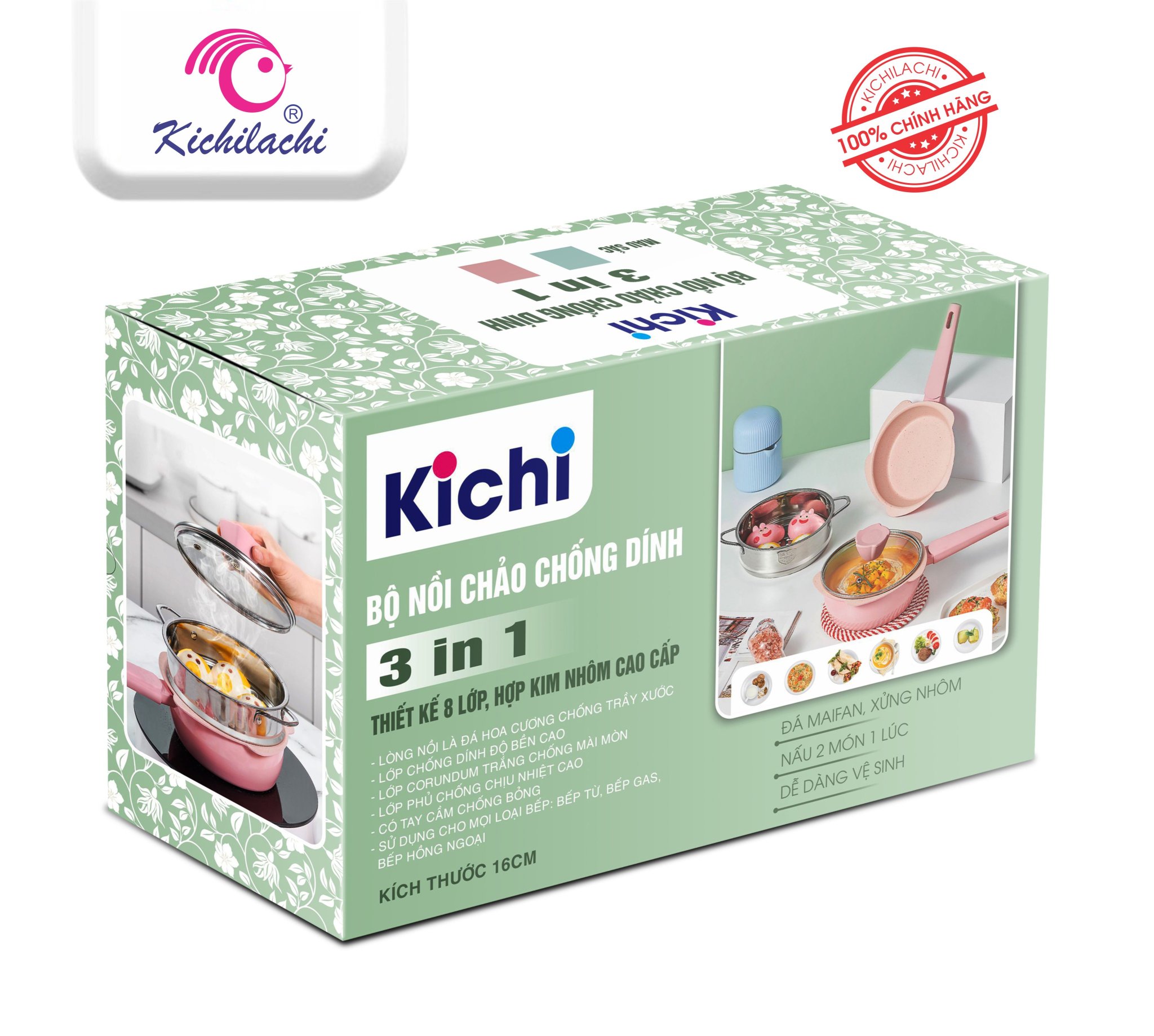 Bộ nồi chảo chống dính 3 trong 1 Kichilachi