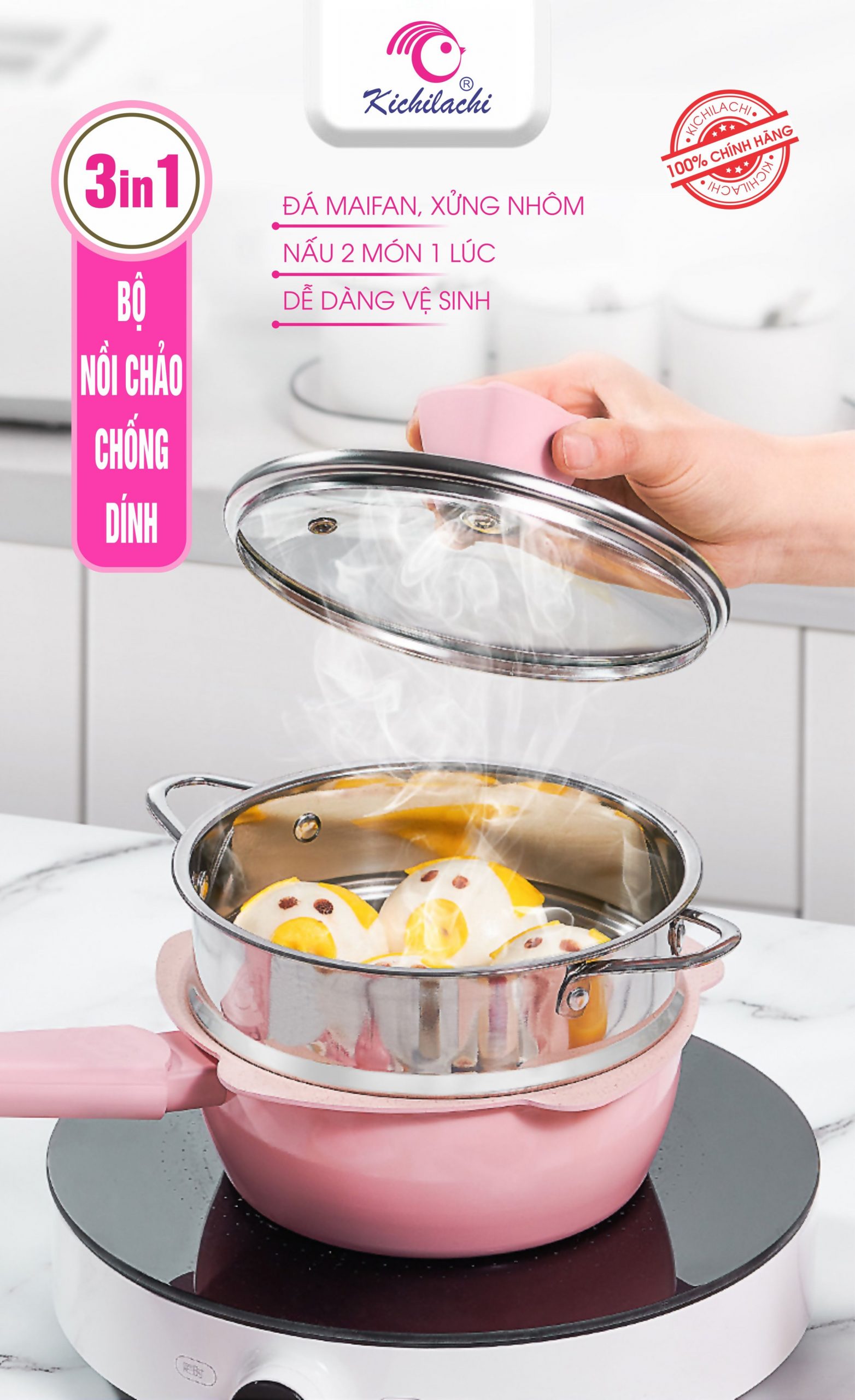 Bộ nồi chảo chống dính 3 trong 1 Kichilachi