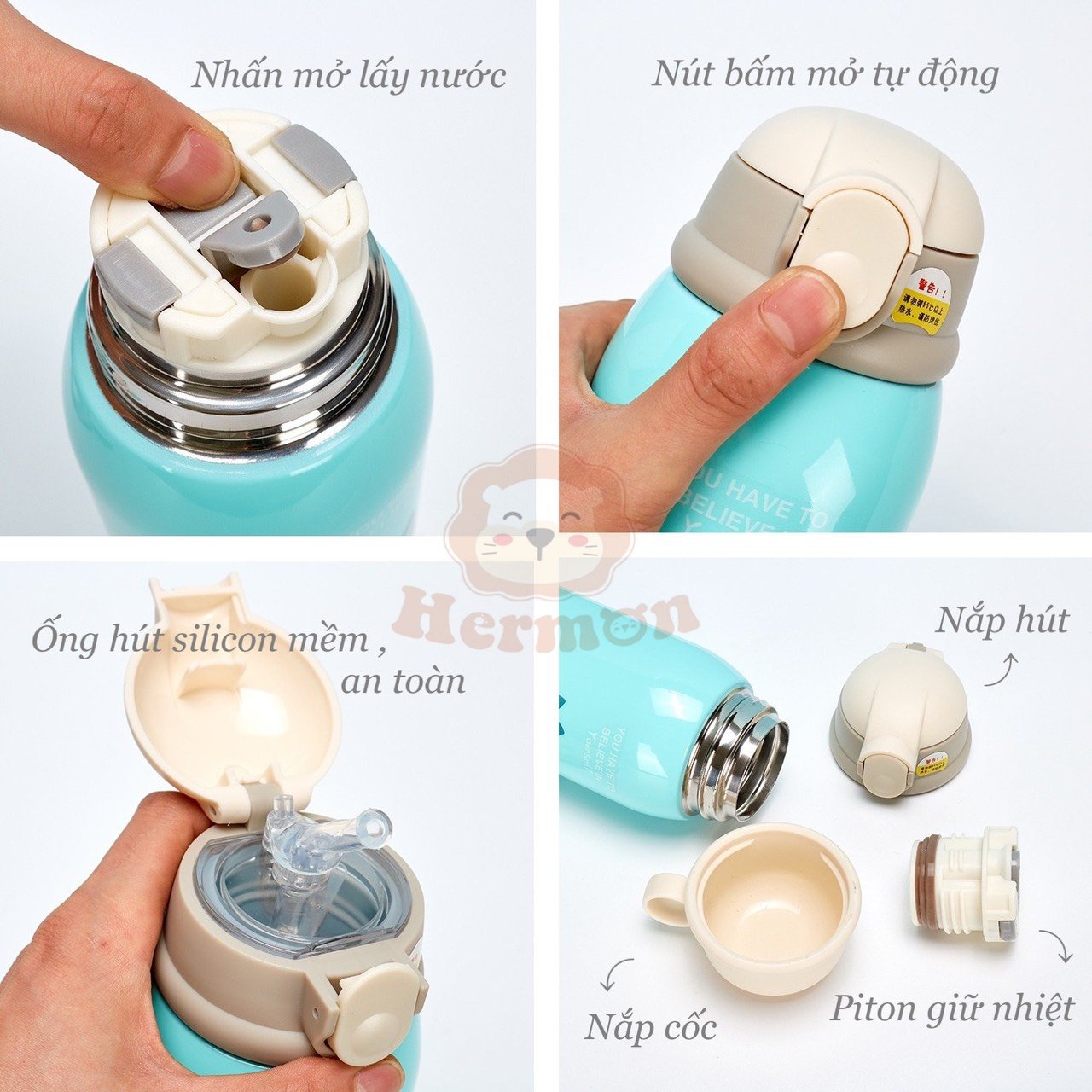 Bình nước giữ nhiệt Hermon 2 nắp  kèm cốc 600ml - Honper NK