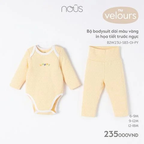 Bộ bodysuit dài màu vàng in họa tiết trước ngực 9M - KM