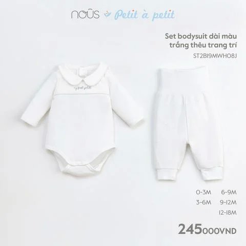 Set bodysuit dài màu trắng thêu trang trí 9M - KM