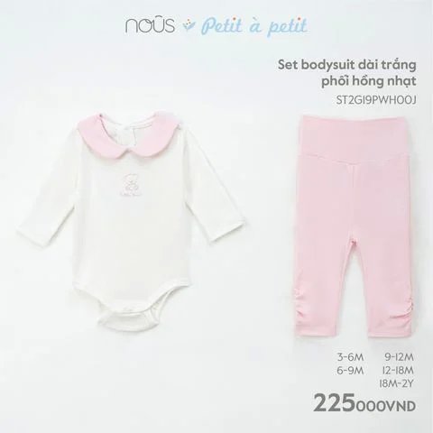 Set bodysuit dài trắng phối hồng nhạt 18M - KM