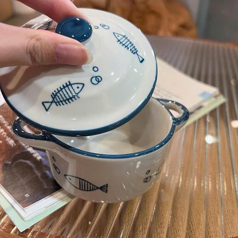 Bát sứ ăn dặm họa tiết có tay cầm, có nắp, chịu nhiệt tốt