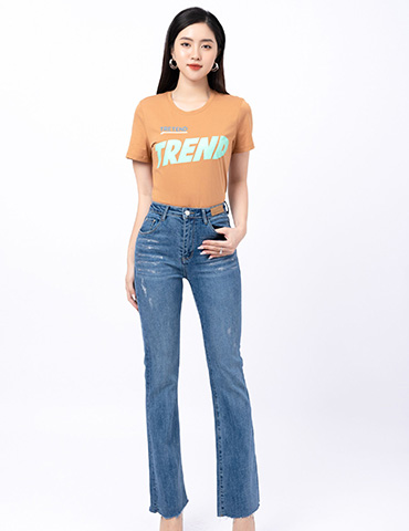 Áo cotton nữ cổ tròn dáng suông in chữ Trend