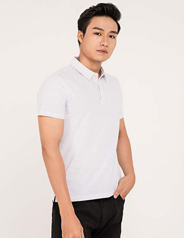 Áo phông nam cộc tay, cổ 2 ve, 3 cúc trước ngực, họa tiết chấm nhỏ