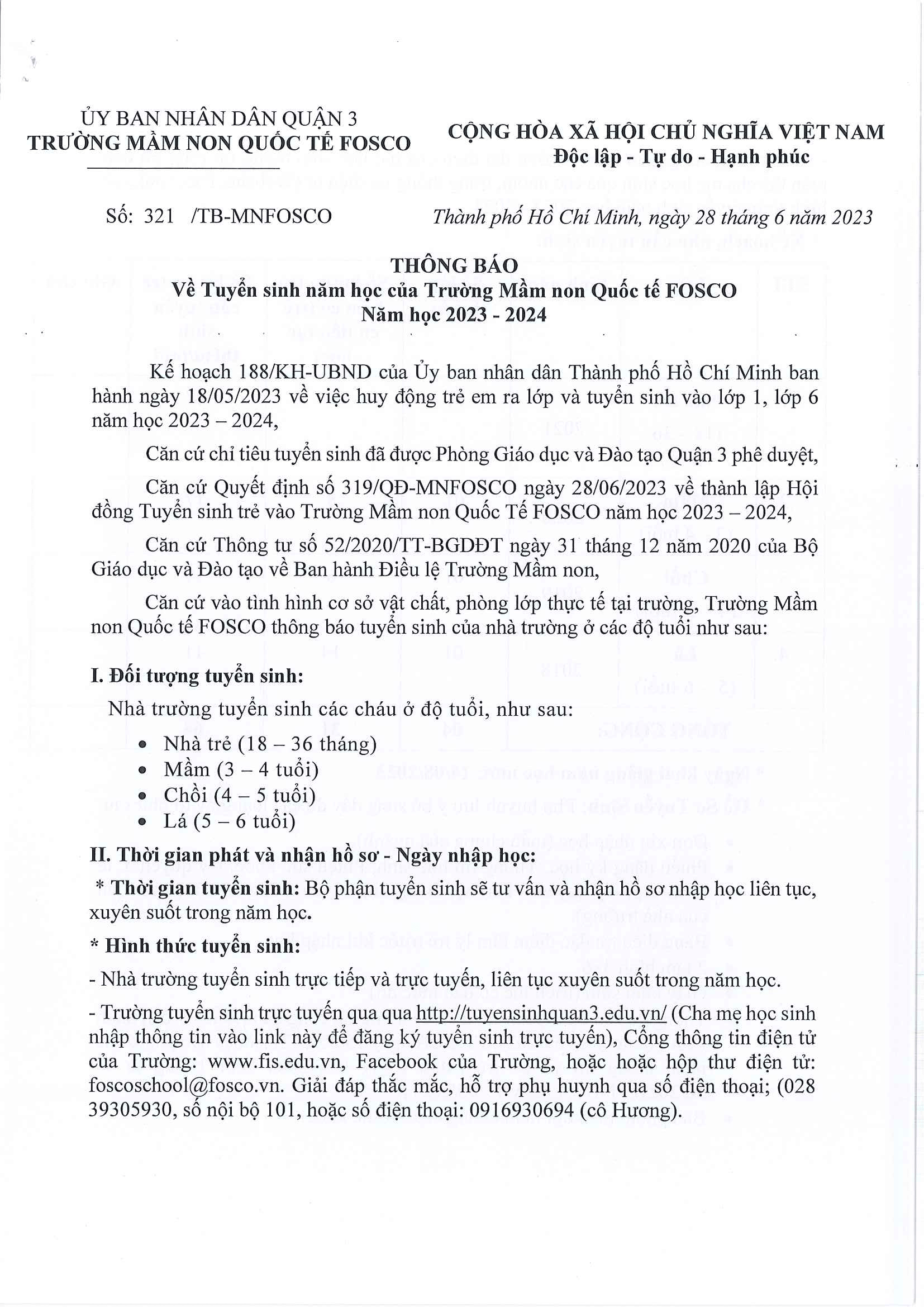 Thông báo về Tuyển sinh năm học 2023 - 2024 của Trường mầm non Quốc Tế FOSCO