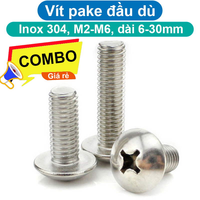 (50 Cái) Ốc vít pake đầu dù M2, M2.5, M3, M4, M5 inox 304 dài 6-30mm