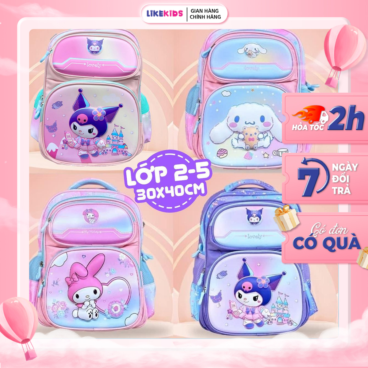 Balo cho bé họa tiết CARTOON LỚN từ lớp 2 đến lớp 5 kích thước 30x40cm