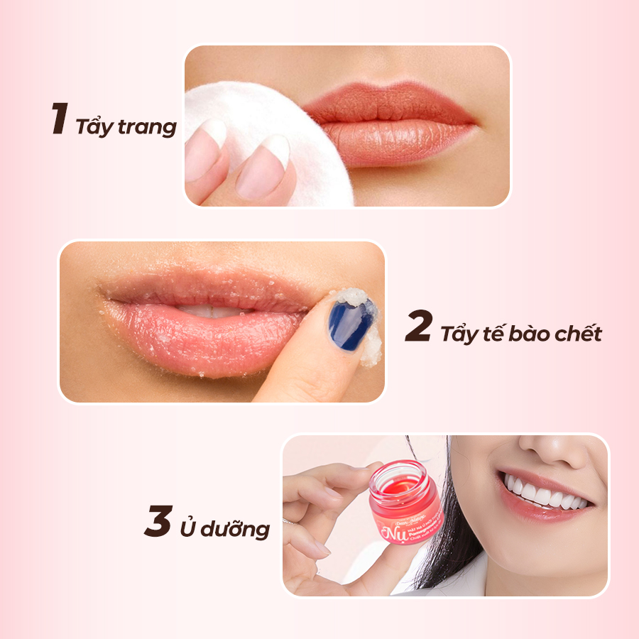 Chu trình 3 bước khoa học giúp phục hồi môi thâm gồm Tẩy trang, Tẩy tế bào chết và Ủ dưỡng