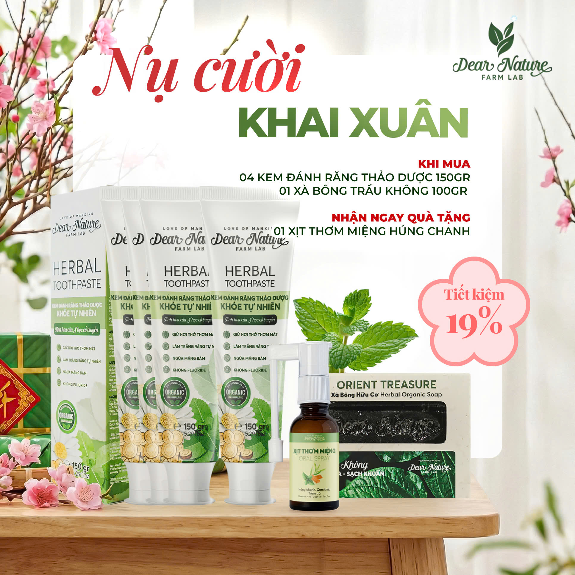 Set Nụ Cười Khai Xuân kem đánh răng thảo dược và xịt thơm miệng