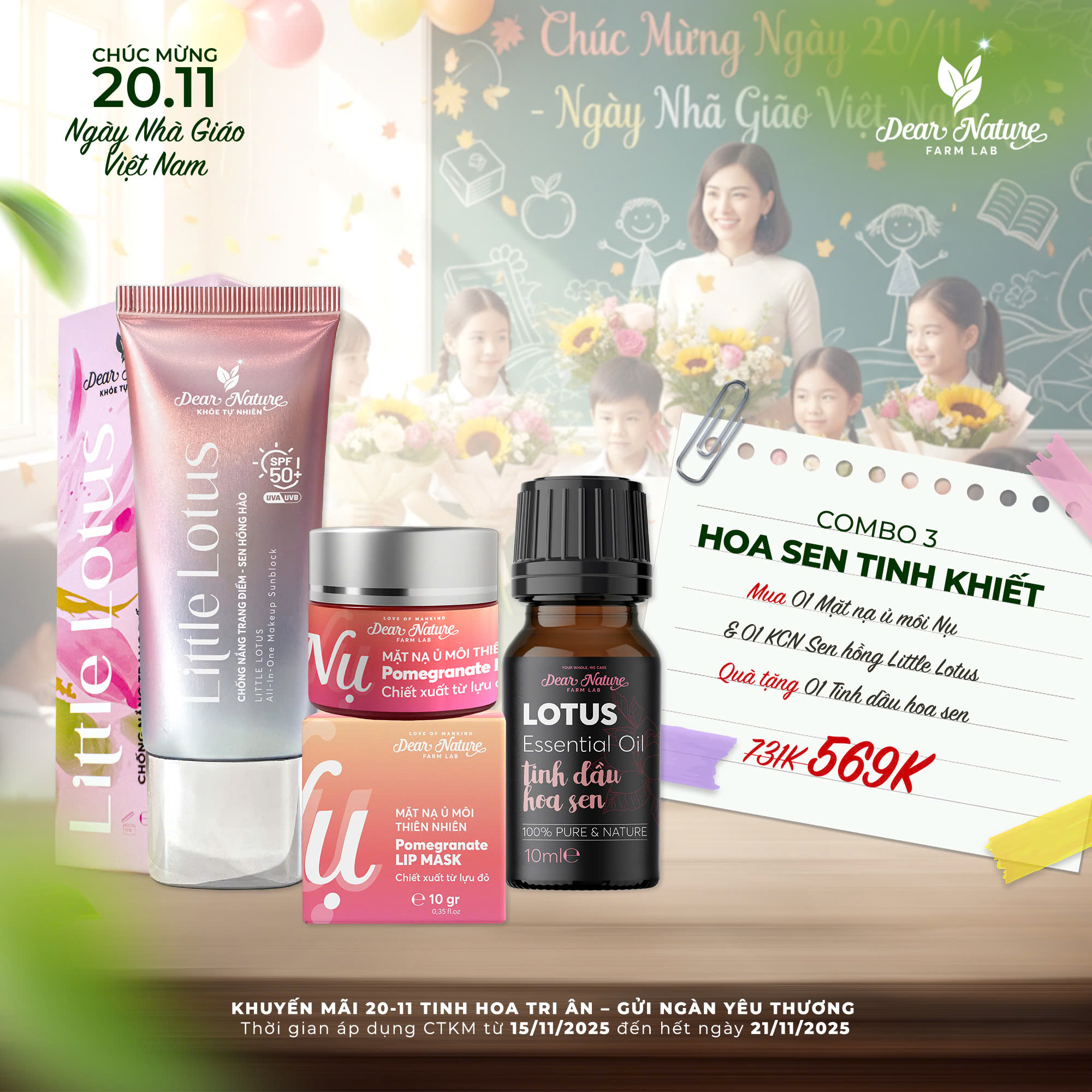 Combo Hoa sen tinh khiết Dear Nature gồm kem chống nắng sen hồng và ủ môi Nụ