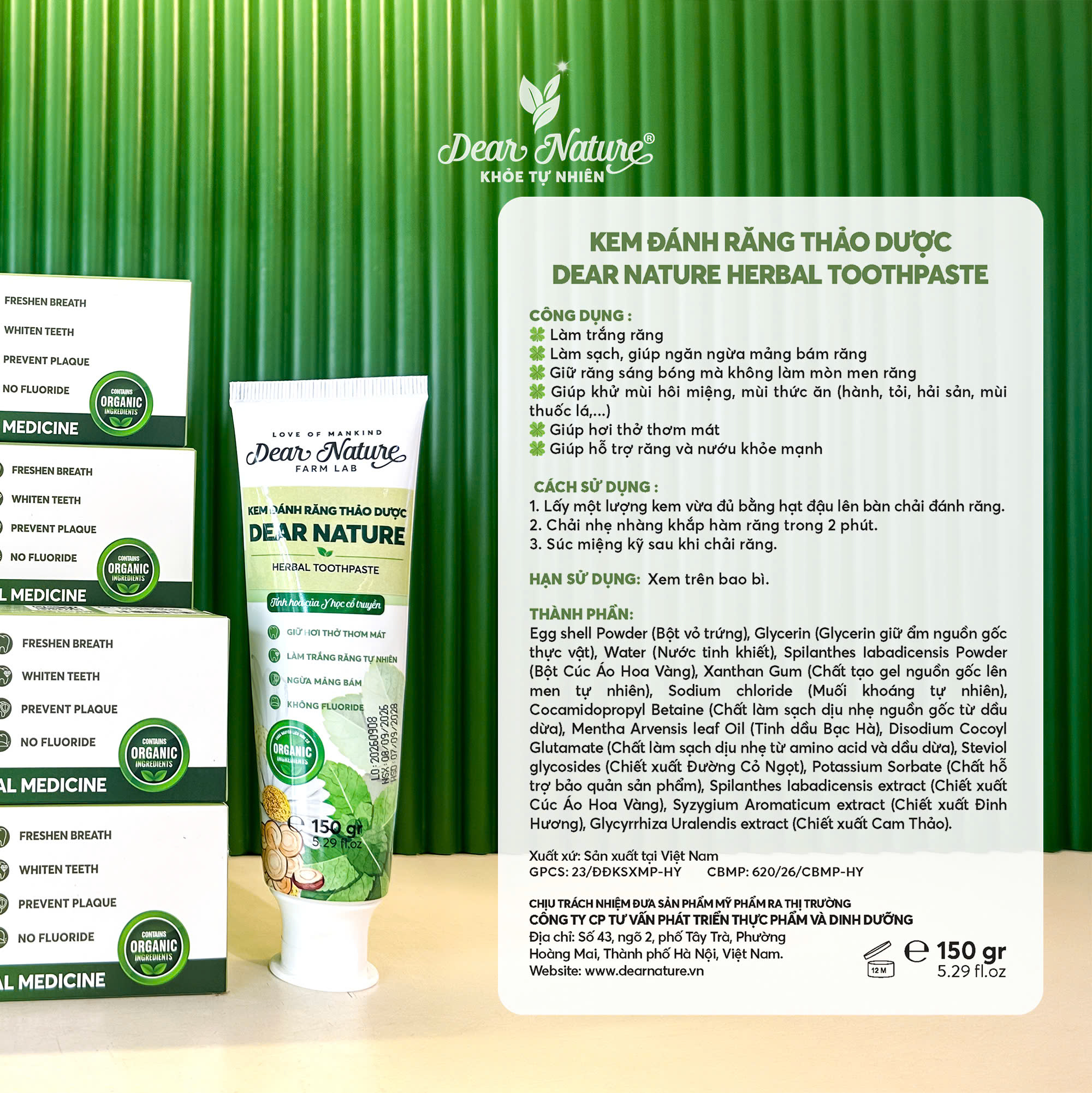 Mặt sau bao bì kem đánh răng Dear Nature hiển thị số công bố 620/26/CBMP-HY và khối lượng tịnh 150 g
