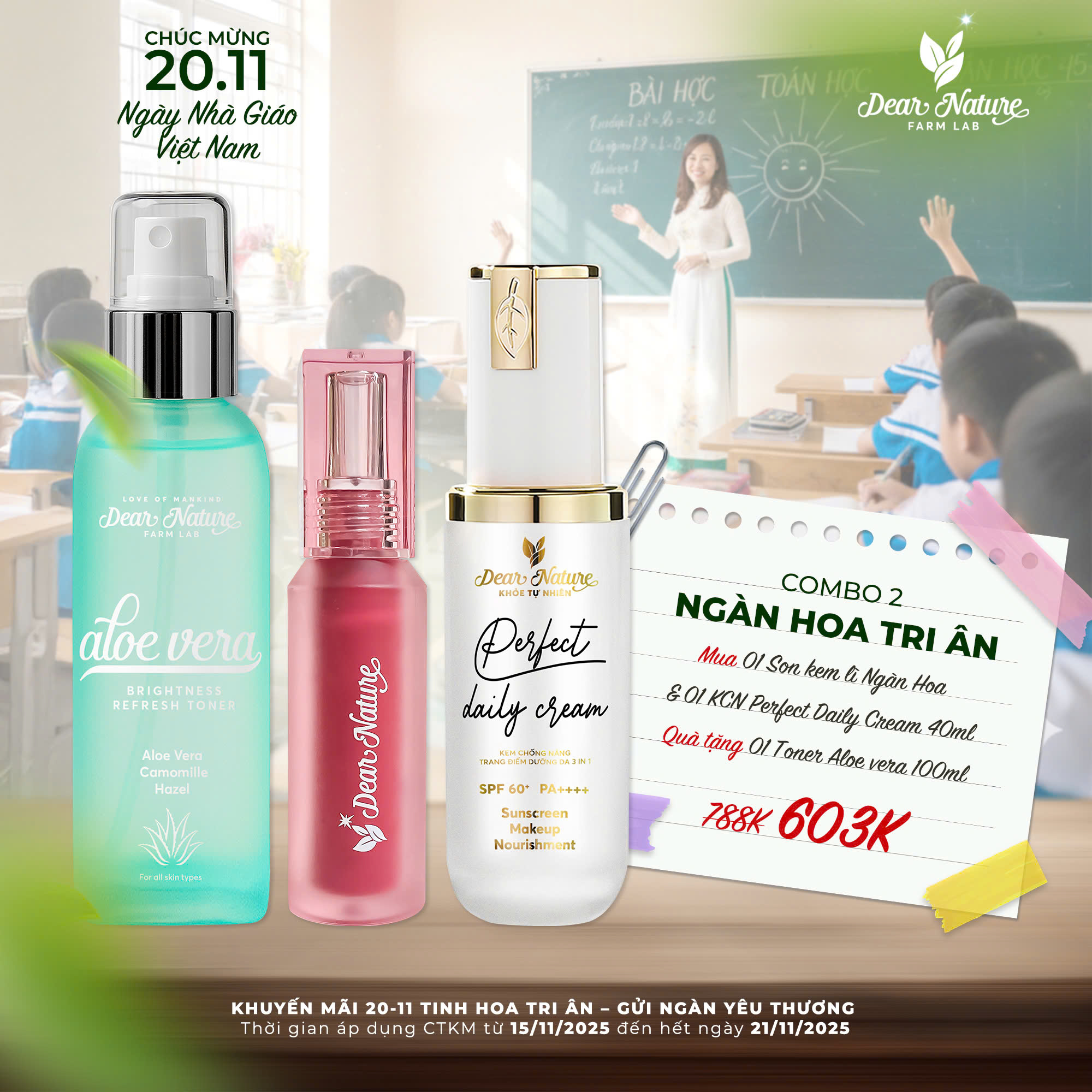 Combo Ngàn hoa tri ân Dear Nature gồm kem dưỡng Perfect Daily Cream và son kem lì Ngàn hoa