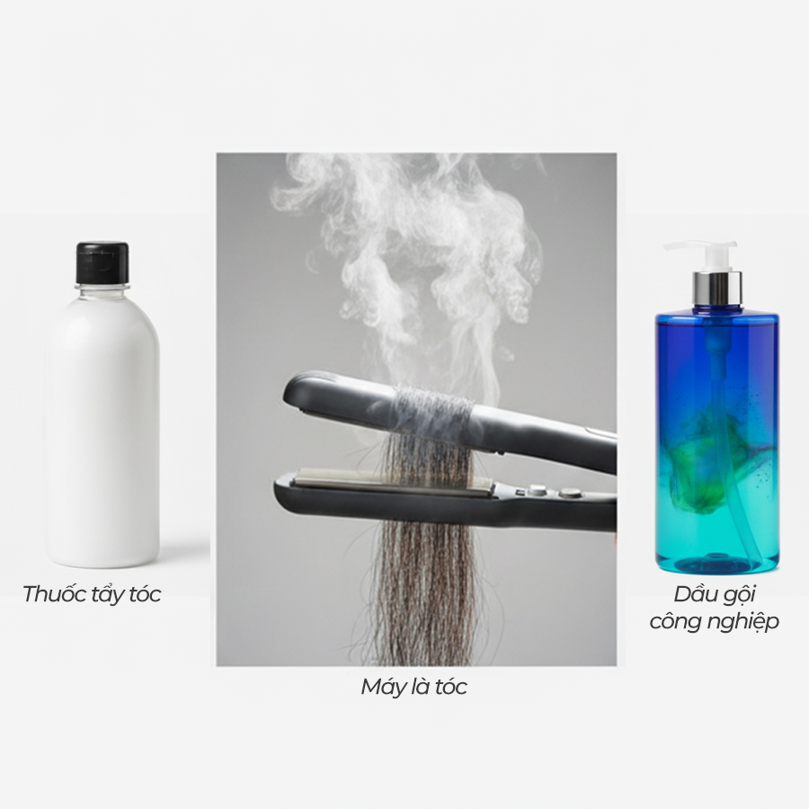 Nguyên nhân gây tóc hư tổn nặng là hóa chất, nhiệt độ cao và dầu gội Sulfate