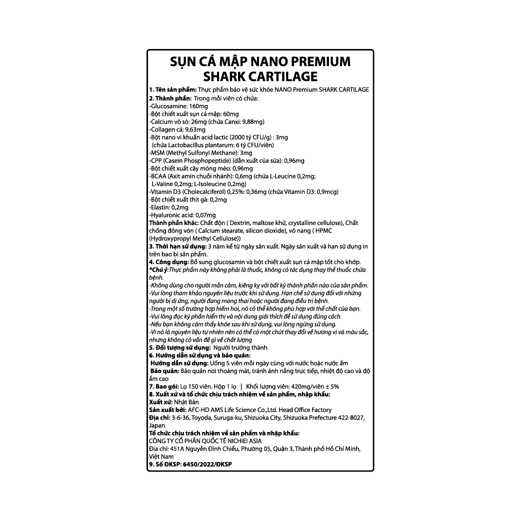 SỤN CÁ MẬP NANO Premium SHARK CARTILAGE 150 VIÊN - Thực phẩm bảo vệ sức khỏe