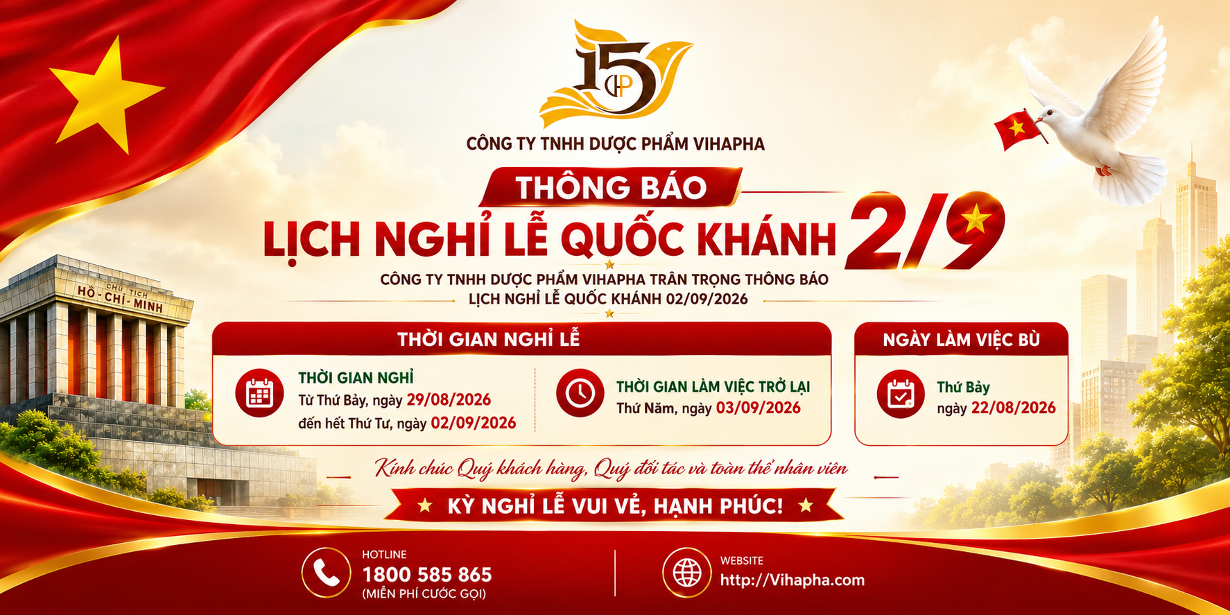 DƯỢC PHẨM VIHAPHA THÔNG BÁO LỊCH NGHỈ LỄ QUỐC KHÁNH 02/09/2026