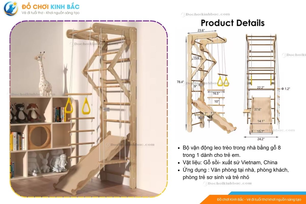 Bộ Đồ Chơi Vận Động Khung Gỗ Leo Trèo Trong Nhà Cho Bé Từ 2–10 Tuổi