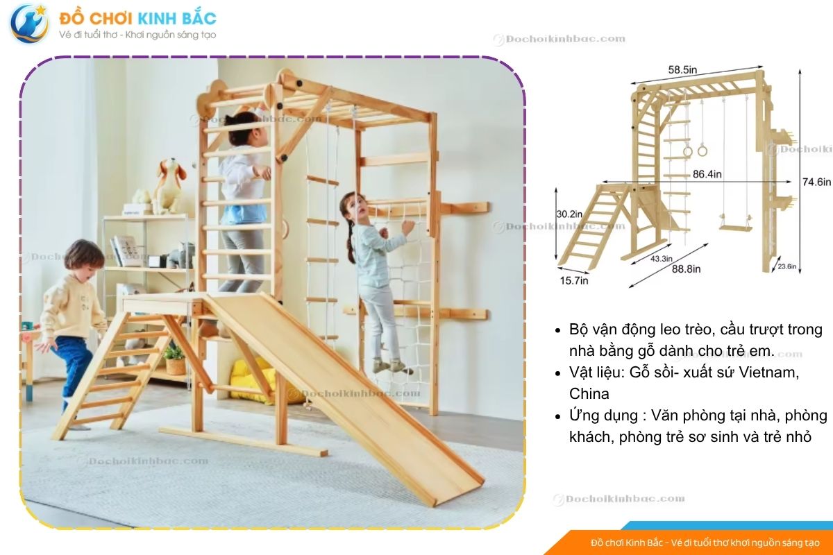 Bộ Đồ Chơi Vận Động Khung Gỗ Leo Trèo Trong Nhà Cho Bé Từ 2–10 Tuổi