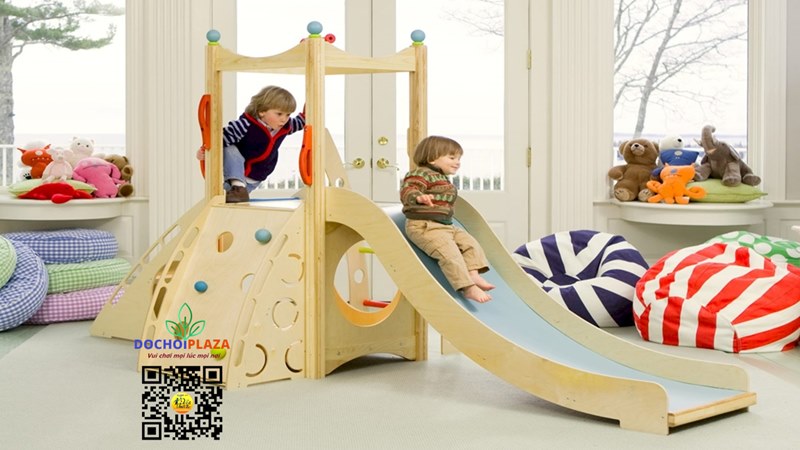 Bộ vận động cầu trượt cho bé Bằng gỗ Size 300x150x170 Cm Happy Kids Wood Slide