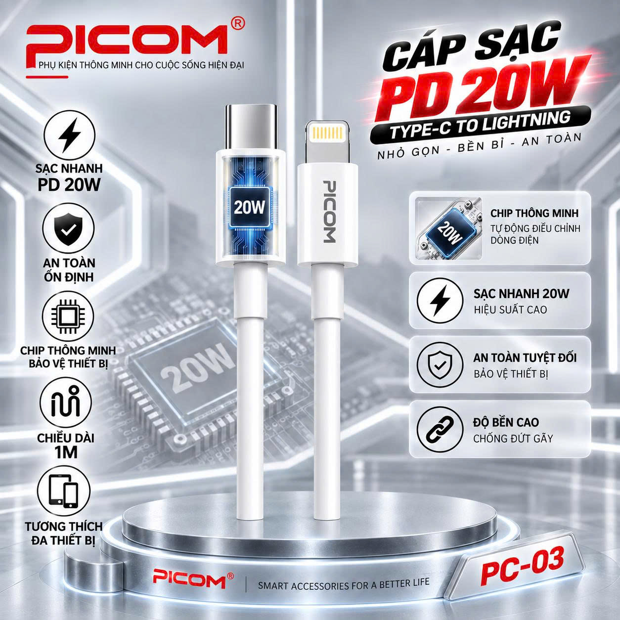 CÁP SẠC NHANH PICOM PC-03 – 20W