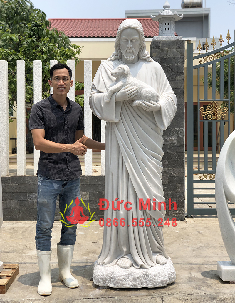 Tượng Chúa Chiên Lành Bằng Đá Trắng Nguyên Khối Cỡ Lớn